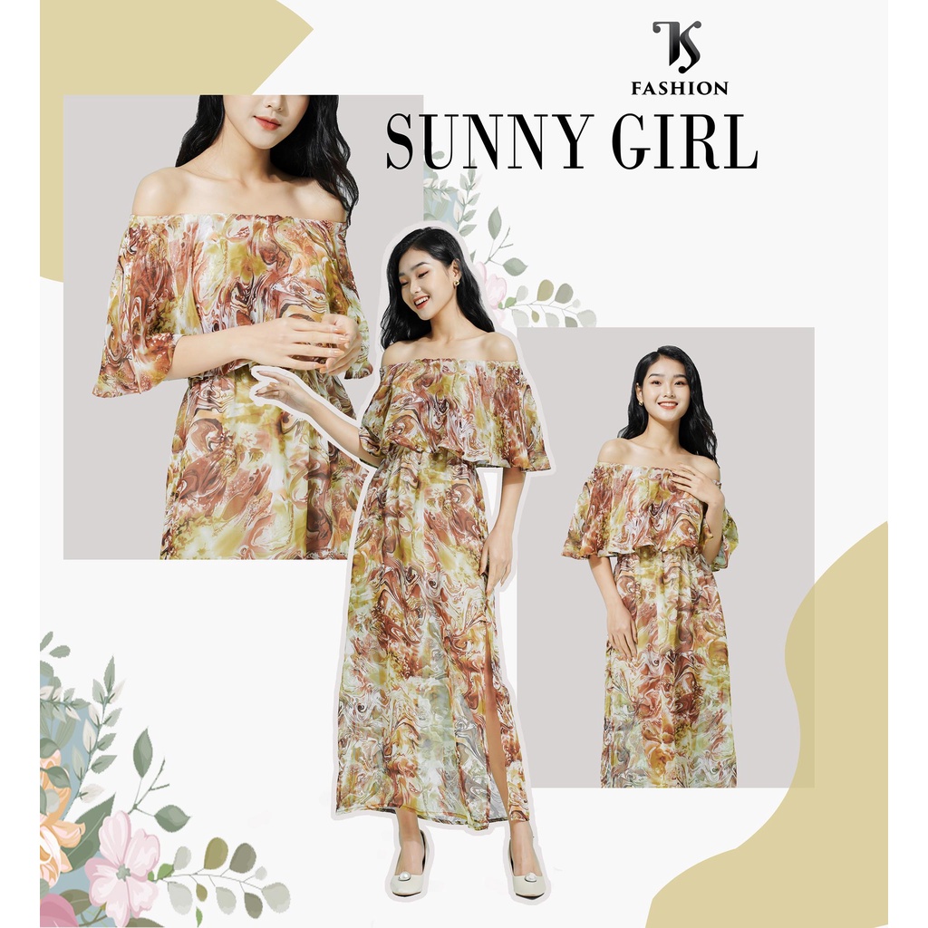 Váy nữ maxi họa tiết hoa, trễ vai, chất voal nhẹ, hàng thiết kế cao cấp TK FASHION - DK496