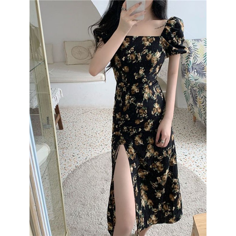 [ORDER] váy hoa nhí cổ vuông tay ngắn xẻ tà màu đỏ đô