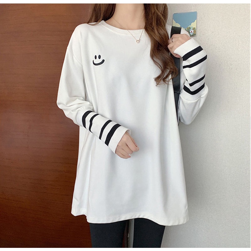 IELGYÁo Thun cotton Dáng Rộng Màu Trắng Thêu Hình Mặt Cười Đa Năng