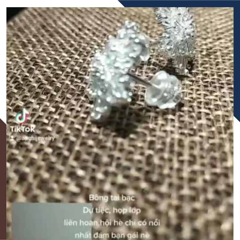 Bông tai hoa đá to - chuẩn bạc ta, đá baguette - An chi jewelry