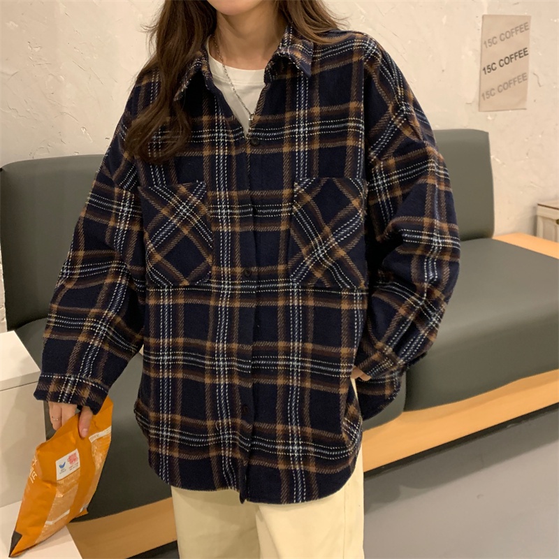 Áo sơ mi ZHELIHANGFEI tay dài form rộng họa tiết sọc theo phong cách đi học dễ phối đồ