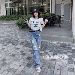 Quần bò xuông rách phối áo phông