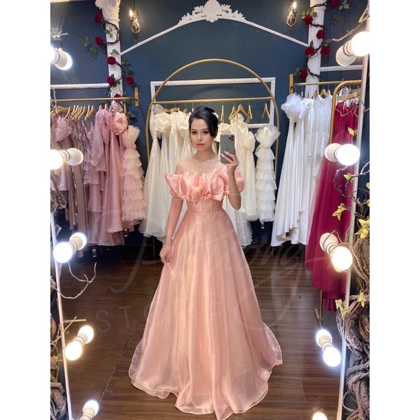 Đầm maxi voan kính nhún bèo bẹt vai TRIPBLE T DRESS - MS334V -size M/L