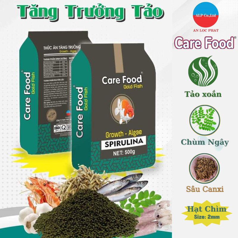 Thức ăn cho cá CARE FOOD hạt chìm tảo Spirulia 2 ly túi 500gr