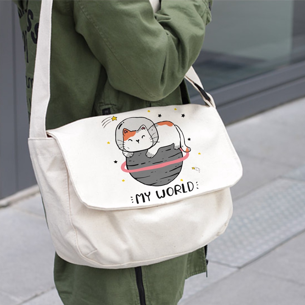 Túi Tote Đeo Chéo Vải Canvas Mèo My World Phong Cách Ulzzang