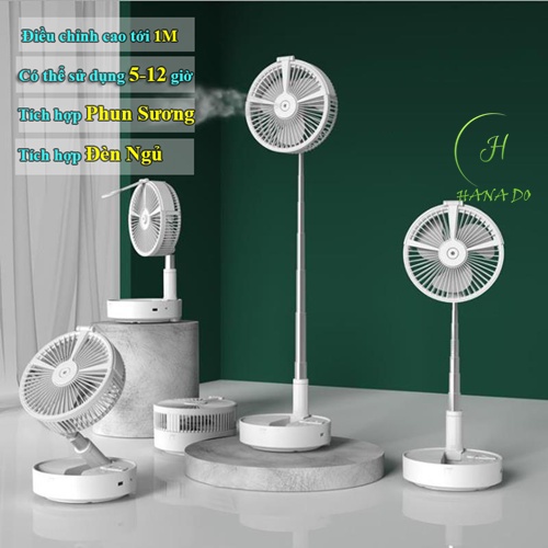 Quạt tích điện phun sương gấp gọn Quạt sạc điện kéo cao 1m tích hợp đèn ngủ kiêm sạc dự phòng
