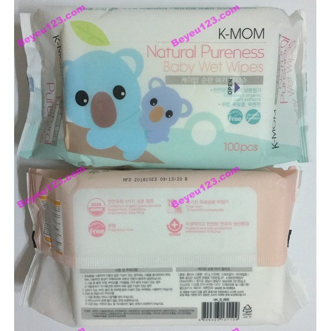 (100 tờ/bịch) Khăn ướt cao cấp không mùi K-MOM an toàn cho bé (Made in Korea)