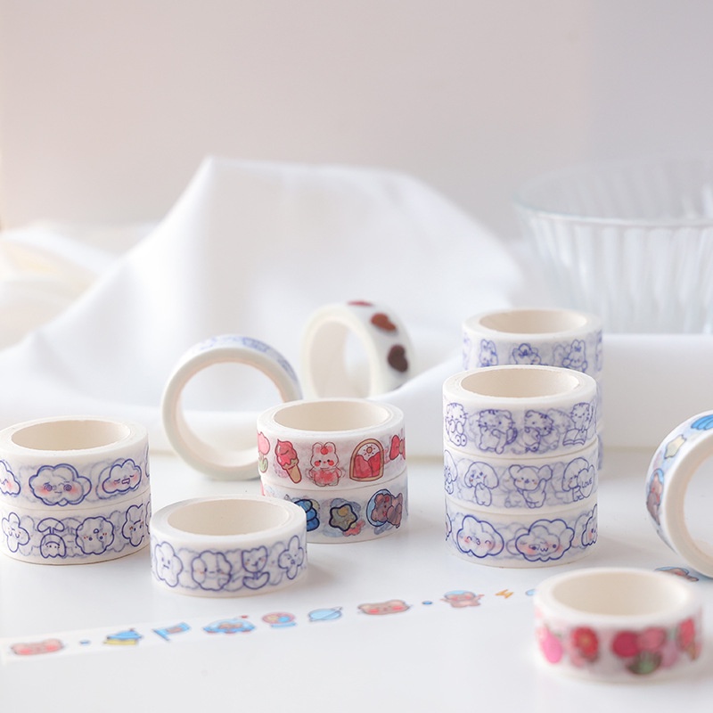 Cuộn Băng Dính Giấy Washitape HynBee Hoạ Tiết Hoạt Hình Động Vật Gấu Thỏ Dễ Thương Dùng Trang Trí Sổ Tay, Bullet Journal