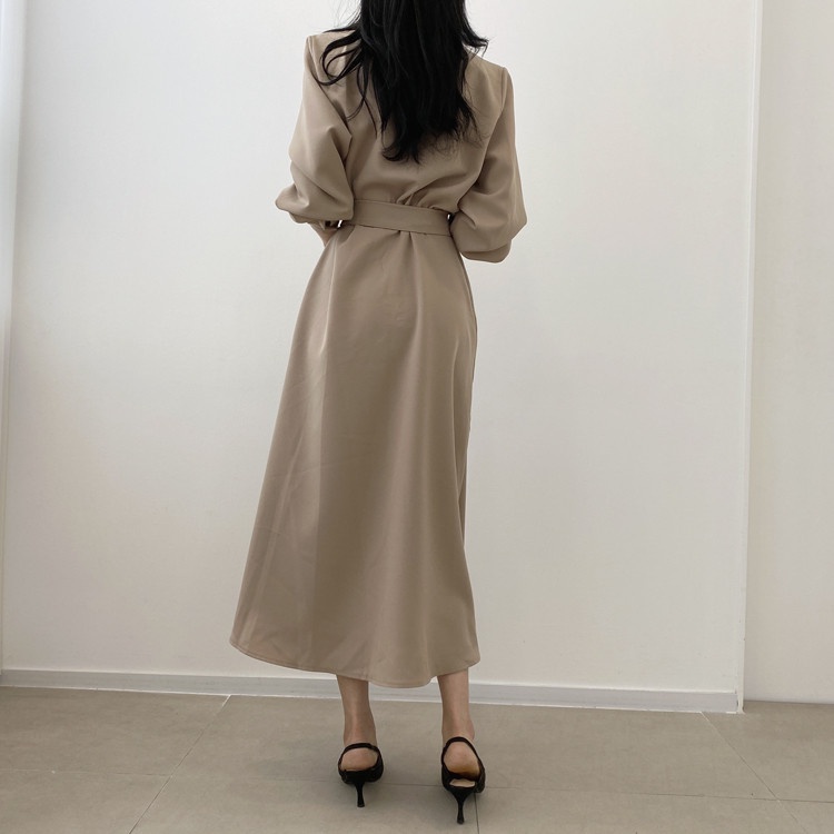 Đầm sơ mi trơn suông dáng dài kèm đai thắt eo bản to công sở vintage phong cách Hàn Quốc
