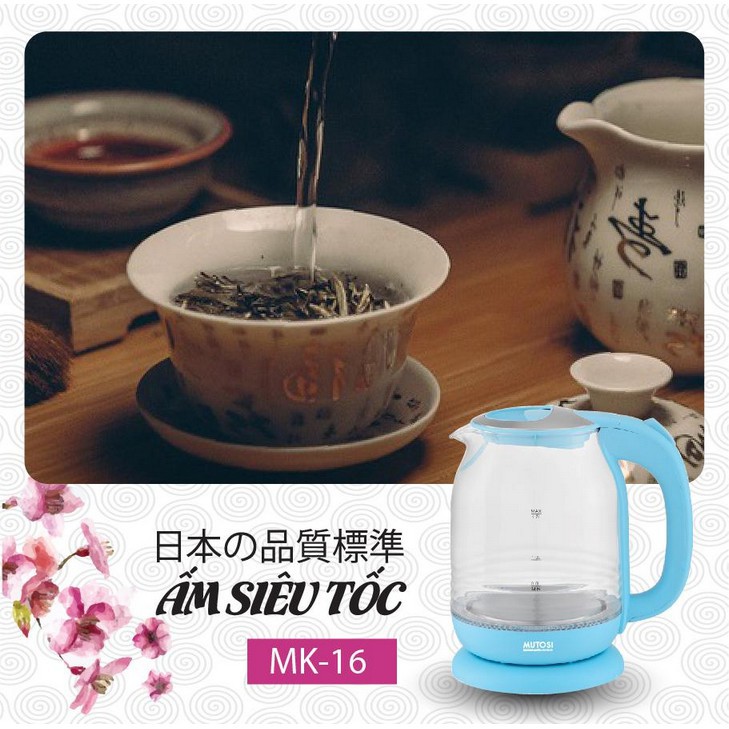 Ấm đun nước siêu tốc thủy tinh 1.7L Mutosi MK-16 màu Xanh