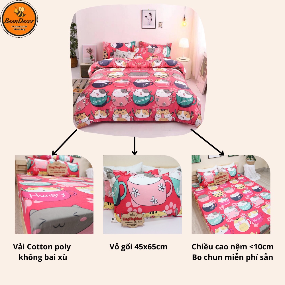 [Được chọn mẫu] Bộ 1 ga 2 vỏ gối poly cotton hàng y ảnh mẫu mới Mèo Cốc