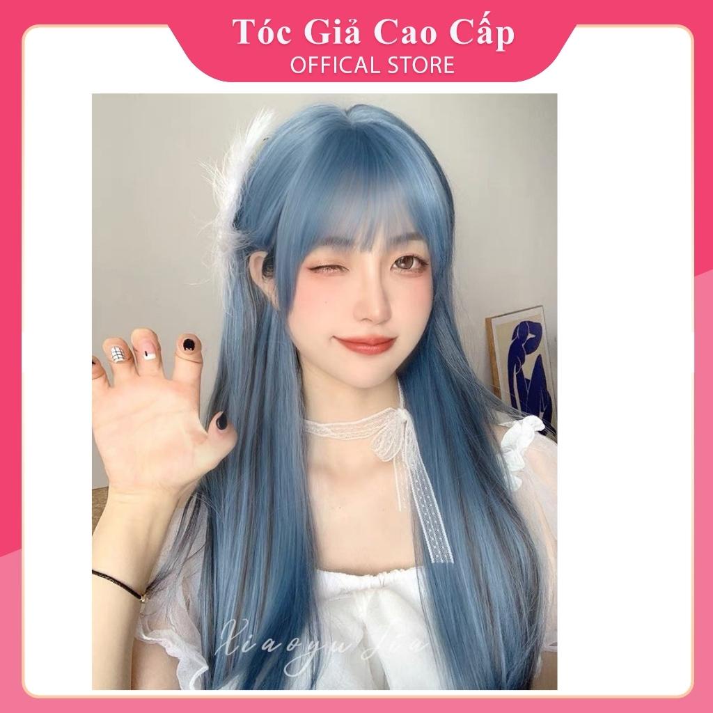 Tóc giả nữ nguyên đầu nữ đẹp màu xanh dương phối line nâu, mẫu mới siu đẹp, tặng lưới trùm, BHT017