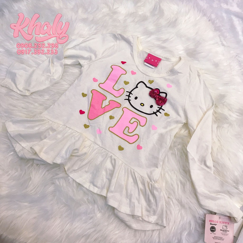 Áo tay dài trẻ em hình mèo Hello Kitty Love màu trắng kem phối bèo size S (6X) cho bé gái 6 tuổi (Mỹ US-UK) - ATTDKT04