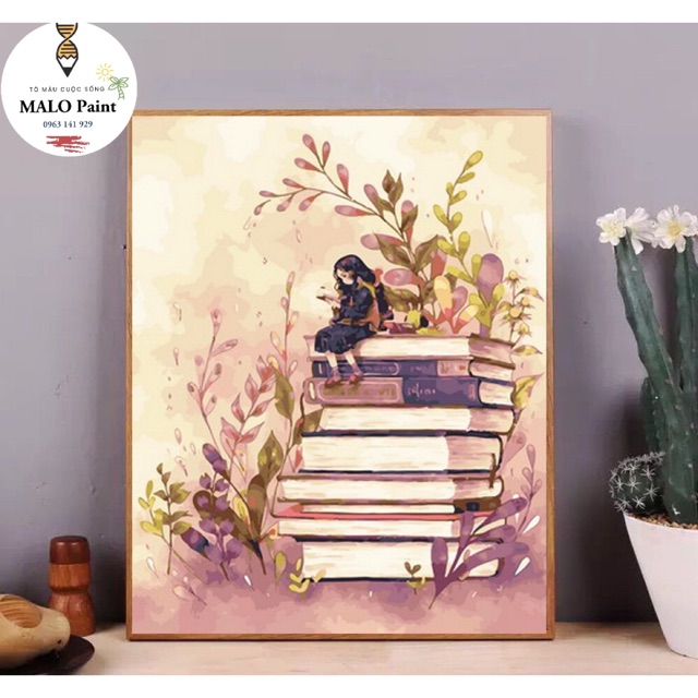 Tranh sơn dầu số hoá tự tô màu HÀNG SẴN Nàng Thơ Bên Chồng Sách