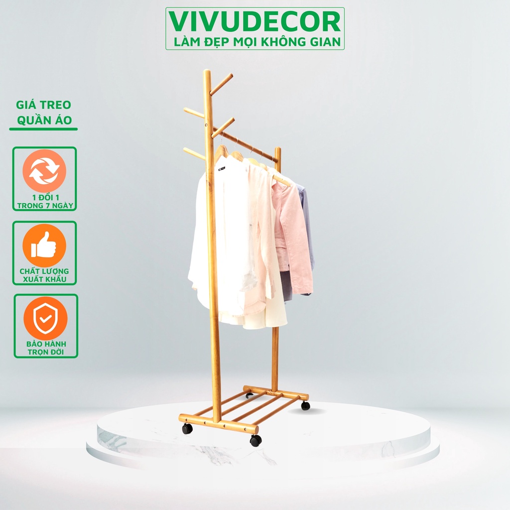 Giá Treo Quần Áo 100% Gỗ Tự Nhiên Vivudecor, Kệ Treo Quần Áo 2 Tầng 4 Nhánh Lắp Ráp Dễ Dàng Xuất Khẩu Hàn Quốc.