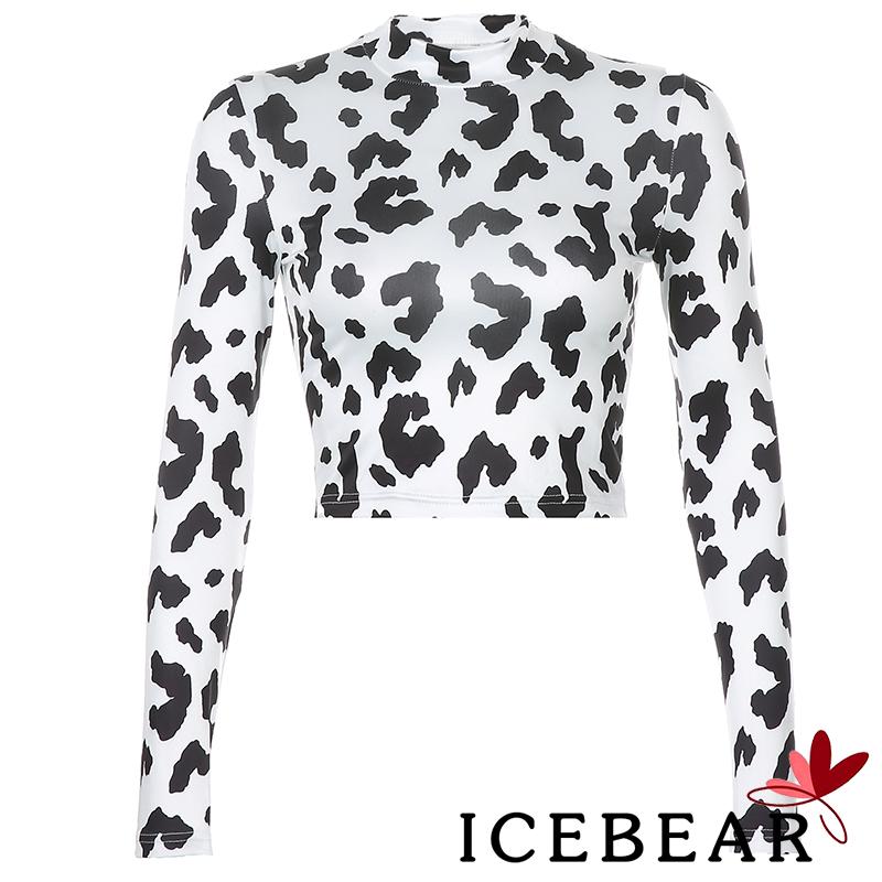 Áo Crop Top Dài Tay Cổ Cao Họa Tiết Da Bò Sữa Dễ Thương Cho Nữ