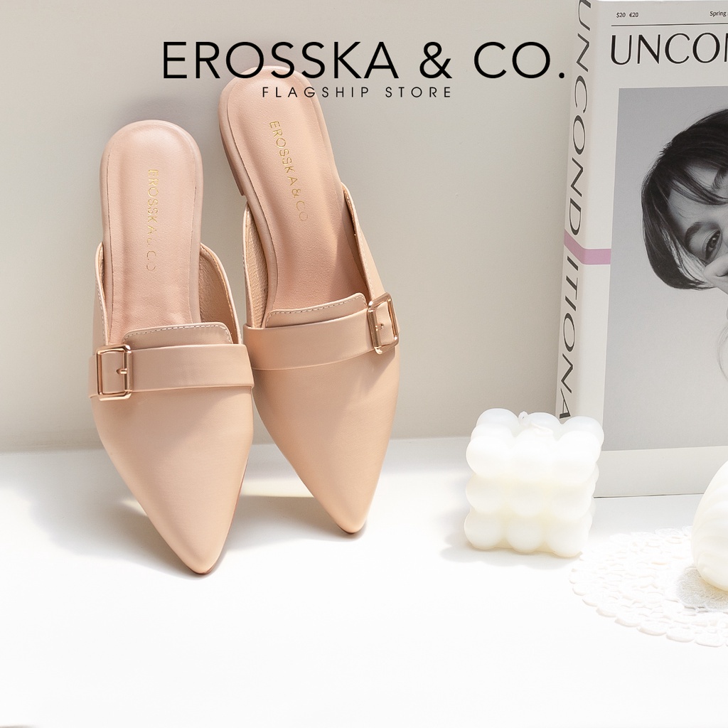 Erosska - Giày đế bệt Erosska 2022 mũi nhọn hở gót phối khoá thời trang công sở cao 2cm _ EL023