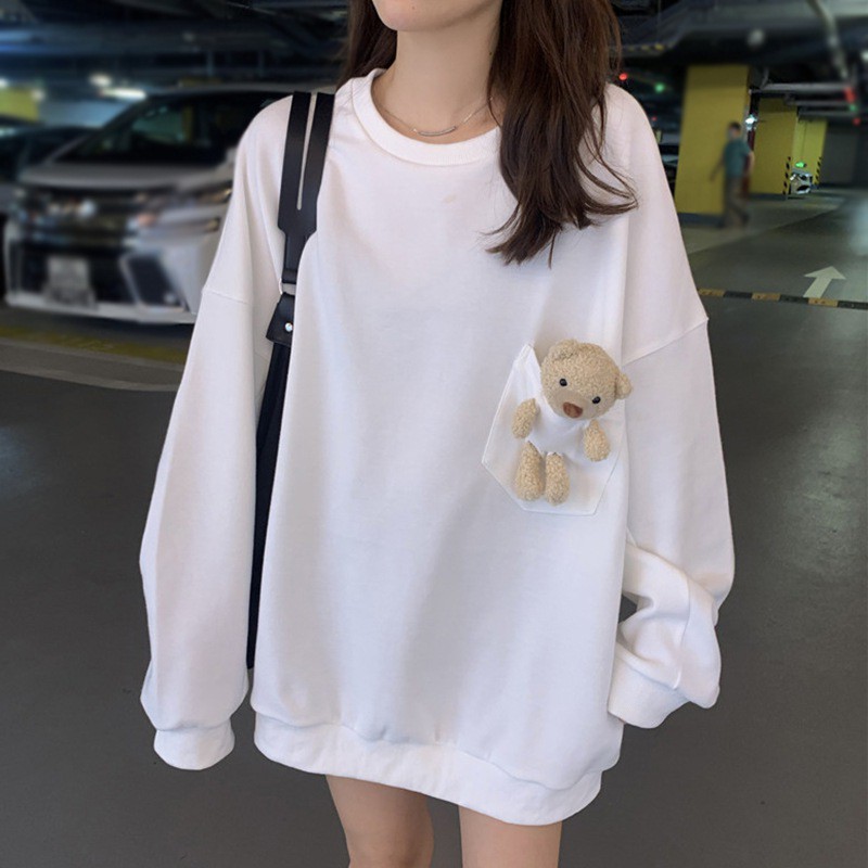 Áo Sweater Tay Dài Dáng Rộng In Hình Gấu Xinh Xắn Phong Cách Hàn Quốc Cho Nữ