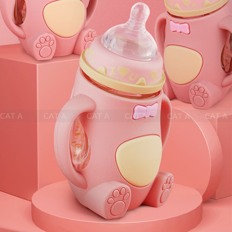 Bình Sữa giữ nhiệt thủy tinh, Bình Ti Sữa Cho Bé Có Tay Cầm CUTE - HÀNG MỚI VỀ