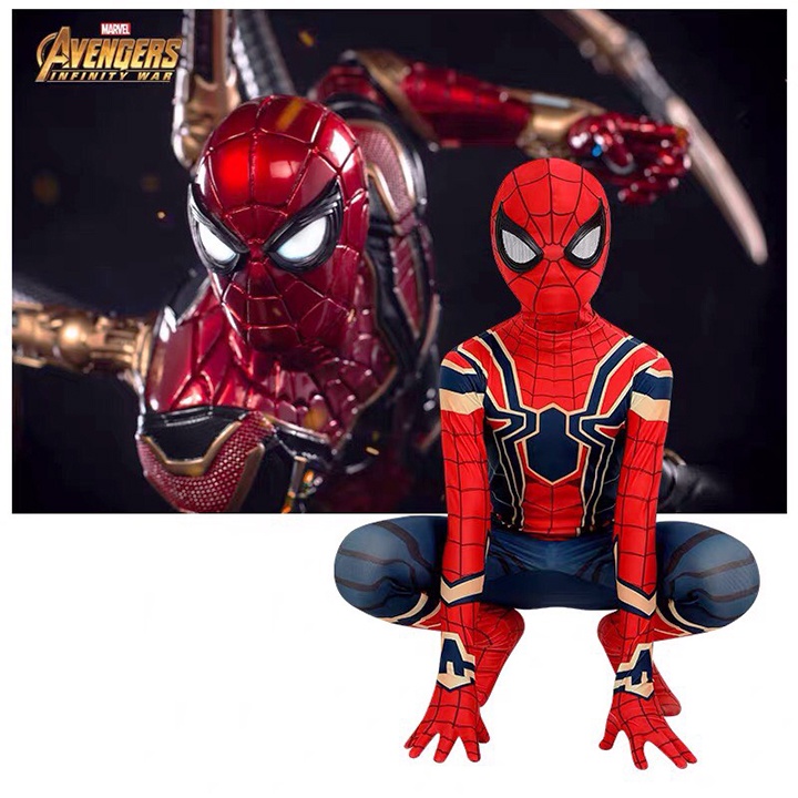 Bộ Quần áo siêu nhân Người Nhện, đồ hóa trang Spiderman cực chất áo liền quần kèm mũ trùm đầu