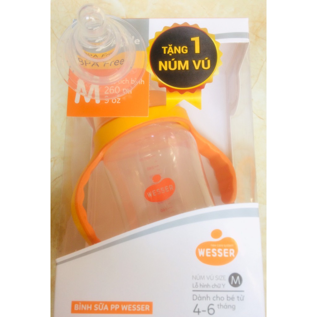 Bình Sữa Wesser Cổ Rộng PP Mẫu mới 180ml - 260ml có tặng kèm núm vú