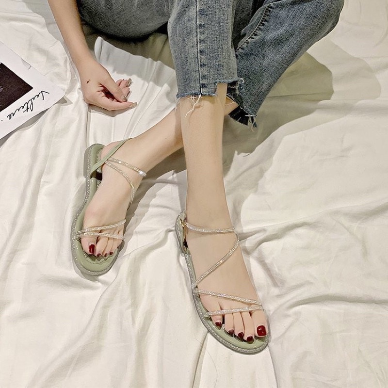 Dép sandal dây mảnh lấp lánh, đế bệt phong cách basic đơn giản thời trang dành cho nữ