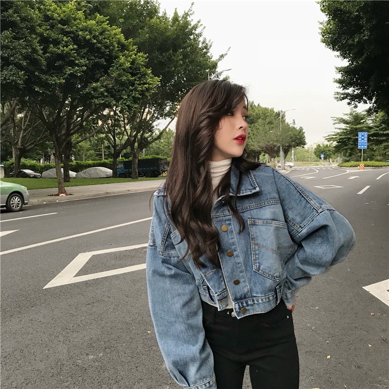 Women's Korean style loose short long sleeve denim jacket