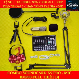Combo mic thu âm soundcard k9 pro – mic bm900 full thiết bị, tặng ngay 1 tai nghe sony xb450 + 1 kẹp đt 3 chân