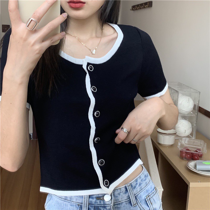 Áo kiểu dệt kim tay ngắn thời trang mùa hè cho nữ