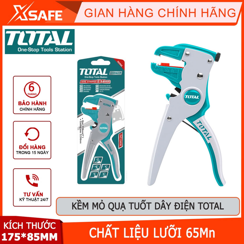 Kềm tuốt dây điện mỏ quạ TOTAL THT15606 Kìm tuốt dây Đường kính đầu tuốt 0.5mm~6mm Chất liệu 65Mn Kích thước 175*85mm
