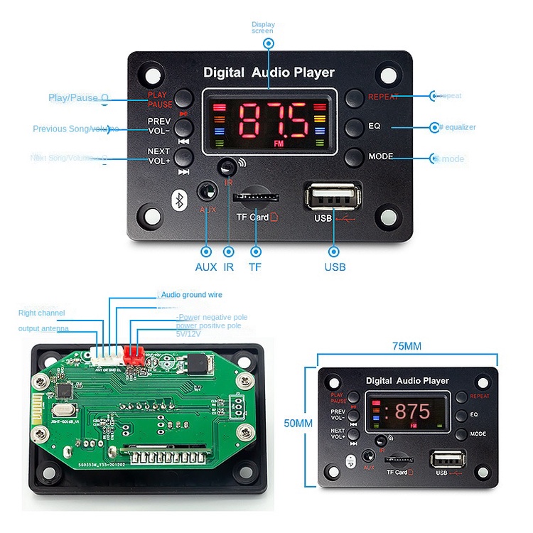 Bảng Mạch Bộ Khuếch Đại Giải Mã Âm Thanh Bluetooth 5.0 MP3 12V Cho Xe Hơi