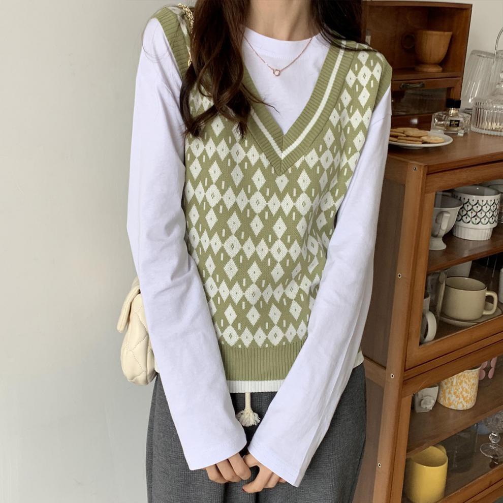 Áo gile nữ Chelgy vải len form rộng không tay hoạt tiết thổ cẩm hình thoi freesize Quảng Châu CG-GLHT104