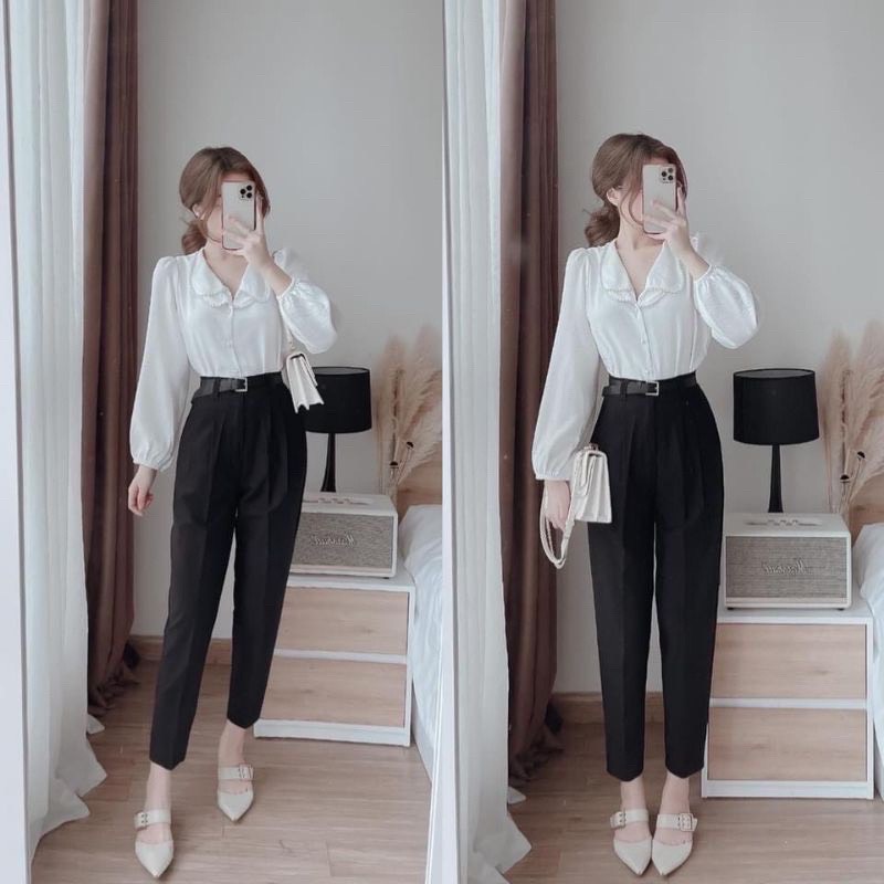 Áo sơ mi trắng nữ chất lụa phối ngọc sang chảnh A567 SUTANO