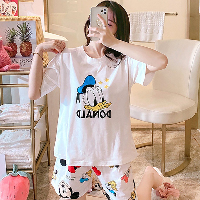 Bộ Đồ Ngủ Tay Ngắn Dáng Rộng In Họa Tiết Hoạt Hình Dễ Thương Cho Nữ