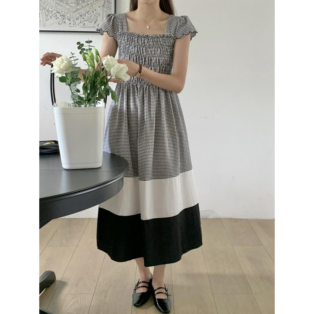 Đầm Sọc Ca Rô Ngắn Tay Phối Màu Tương Phản Thời Trang Mùa Hè Mới 63307