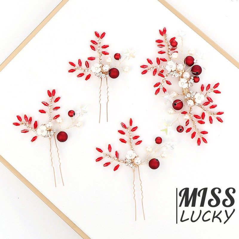 Beautiful and Generous Bridal Jewelry Red Pearl Crystal Hairpin Tiara Children Perform Tiara Bridal Wedding Jewelry