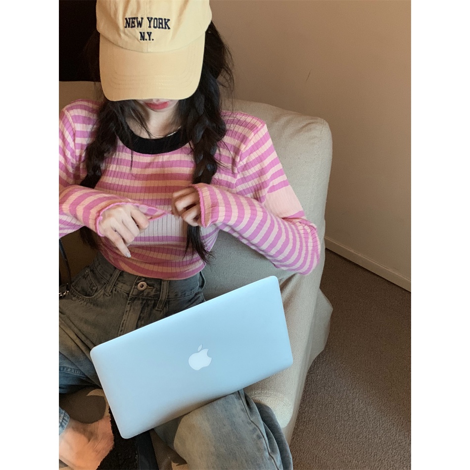 Áo ZHELIHANGFEI dệt kim tay dài họa tiết sọc thời trang phong cách