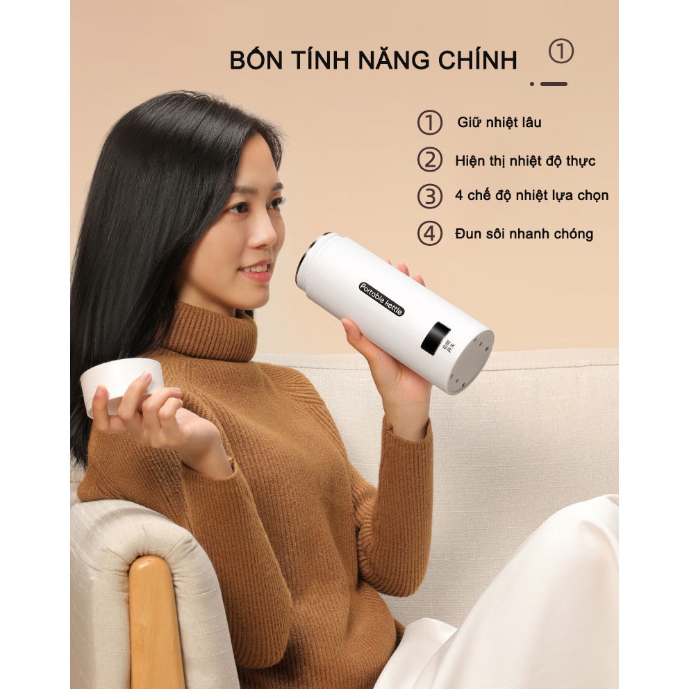 Bình nấu nước nóng mini du lịch, bình giữ nhiệt hiển thị nhiệt độ cao cấp, 4 mức nhiệt, giữ nhiệt 12 tiếng