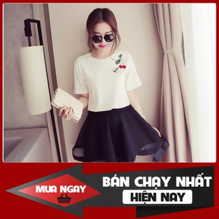 ÁO THUN NỮ TAY NGẮN THÊU HÌNH TRÁI CHERRY XINH XẮN PHONG CÁCH HÀN QUỐC PFY3A