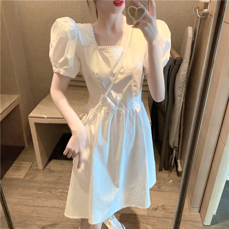 Đầm chữ A tay phồng cổ vuông đính ngọc trai giả phong cách Pháp cổ điển thời trang dành cho nữ