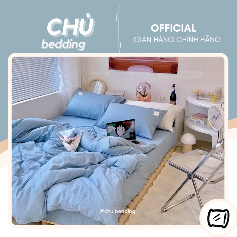 Bộ chăn ga gối cotton đũi: xanh biển