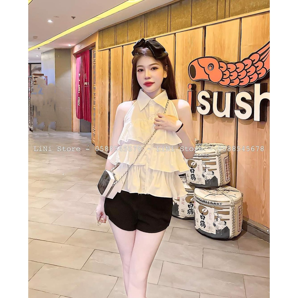 Sét áo sơ mi xếp tầng sát nách phối quần đùi xiêu xinh mẫu mới cực hót có 3 màu y hình