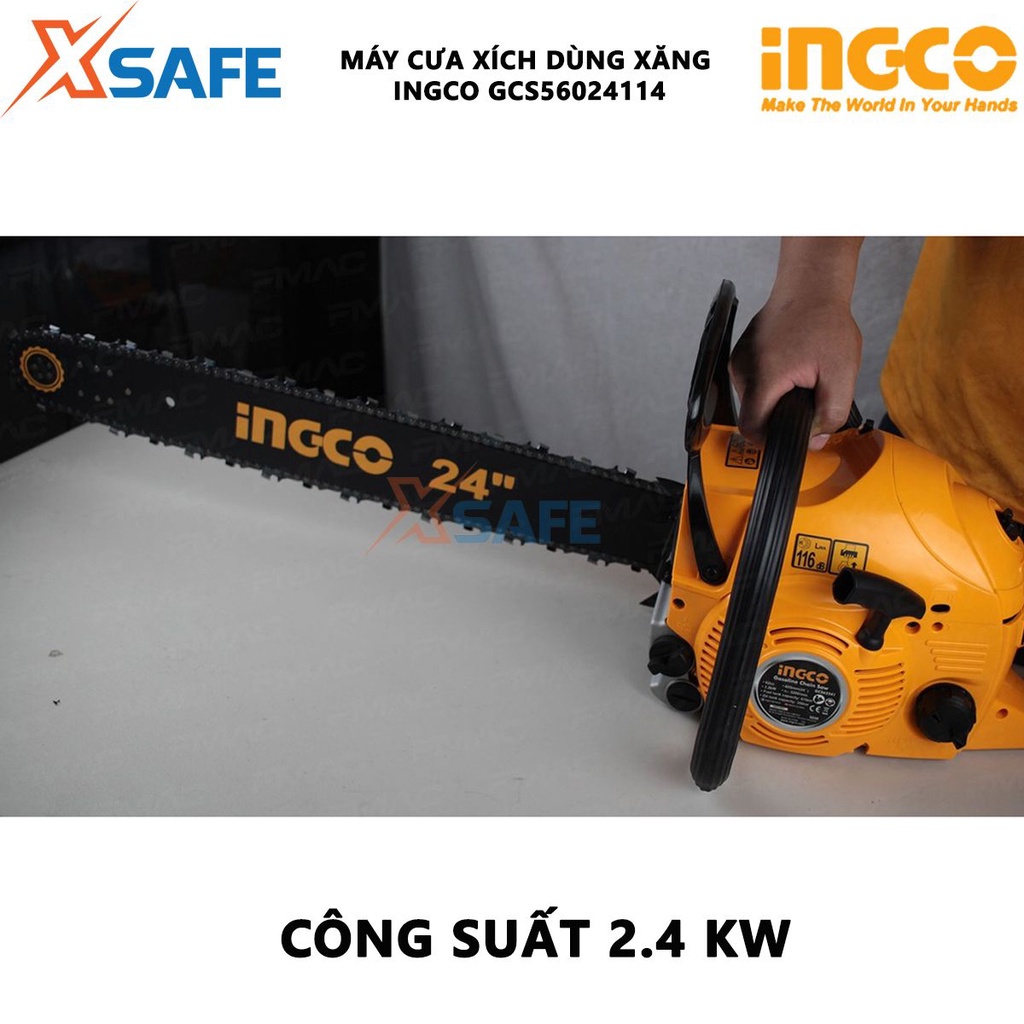 Máy cưa cầm tay INGCO GCS5602411 chạy xăng động cơ 2 thì 62cc mạnh mẽ công suất 2.4Kw tốc độ 3100rpm