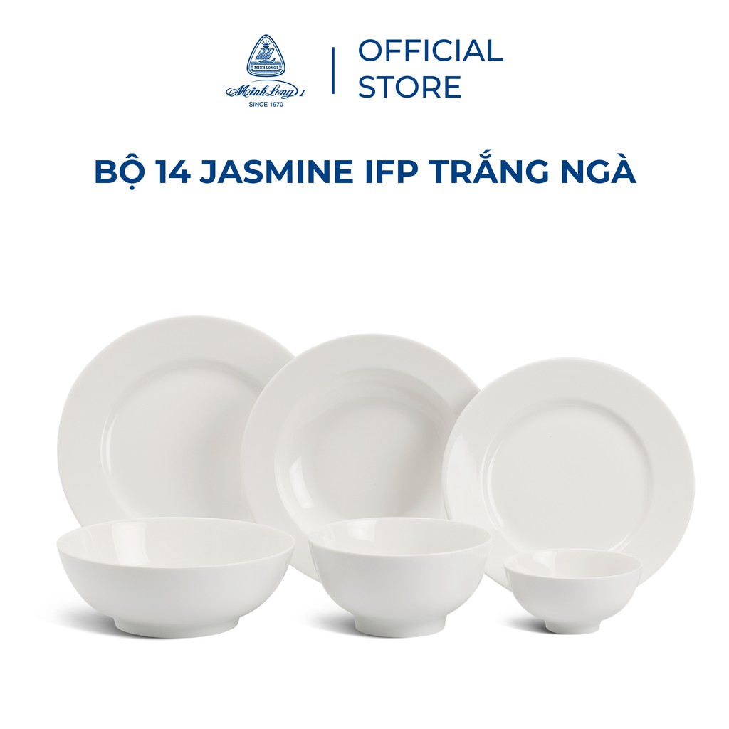 Bộ chén dĩa sứ Minh Long 14 sản phẩm - jasmine IFP - Trắng ngà