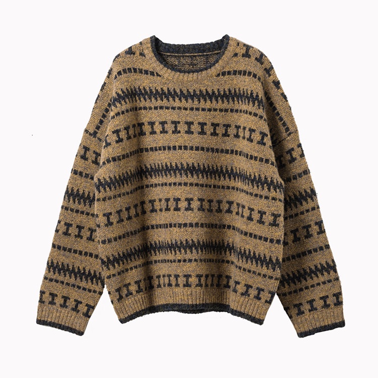 Áo sweater dài tay dáng rộng họa tiết vân kim cương phong cách retro cho nữ
