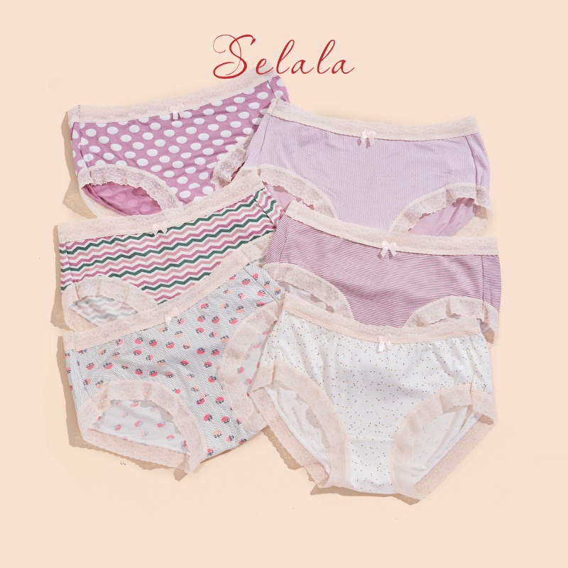 Quần Lót Nữ Cotton Selala Viền Ren Phối Nơ Họa Tiết Siêu Cute QC22