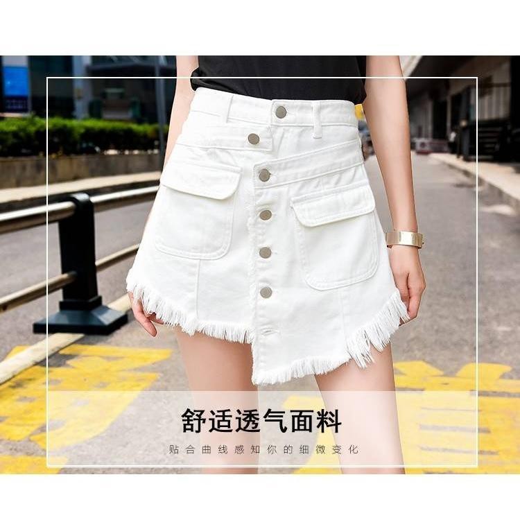 new plus size denim shorts female summer all-match high-waisted raw edge Korean student wide-legged two-piece a-line ho