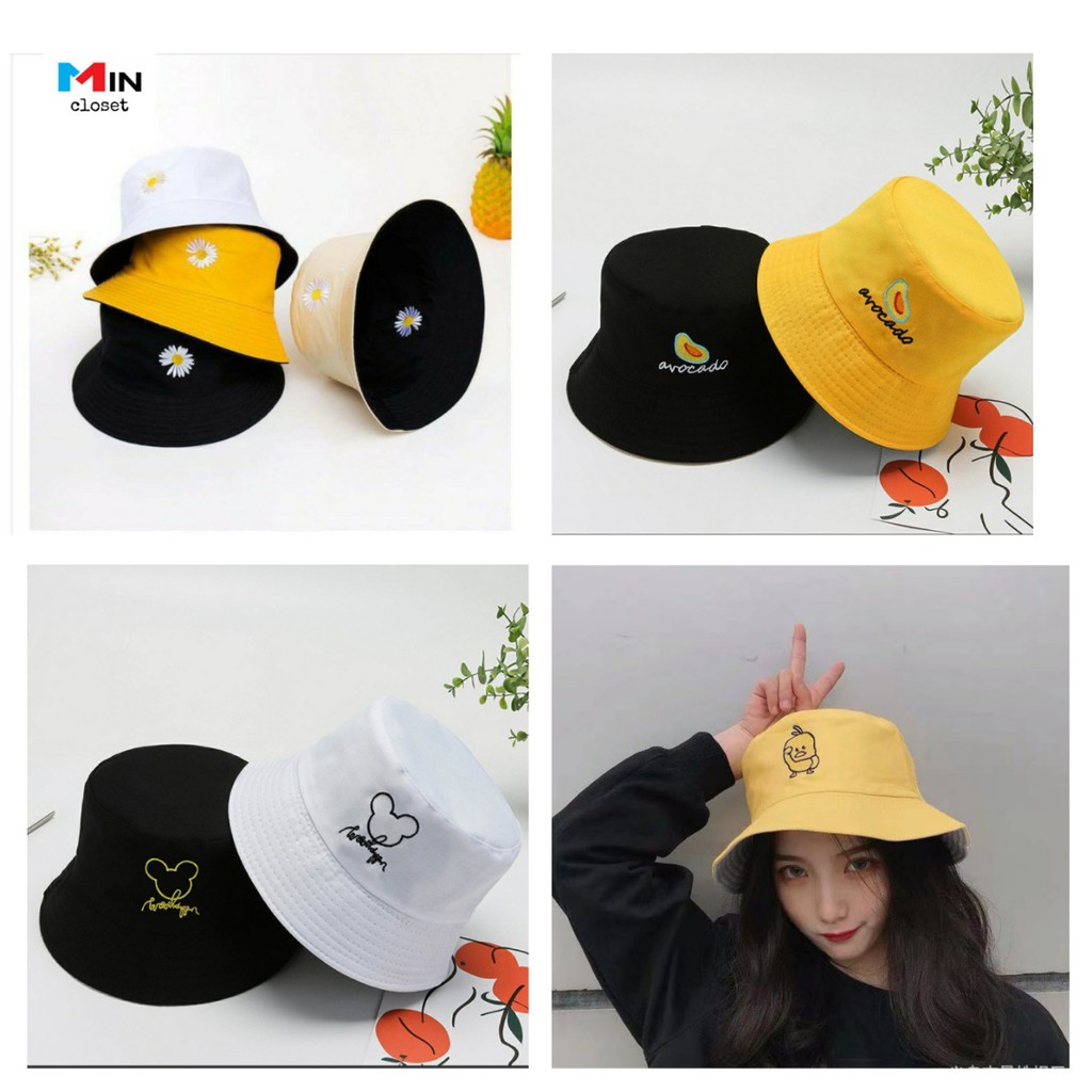 Mũ Bucket nữ💖 𝑭𝑹𝑬𝑬𝑺𝑯𝑰𝑷 💖 Mũ vành tròn thêu 2 mặt phong cách Ulzang Unisex