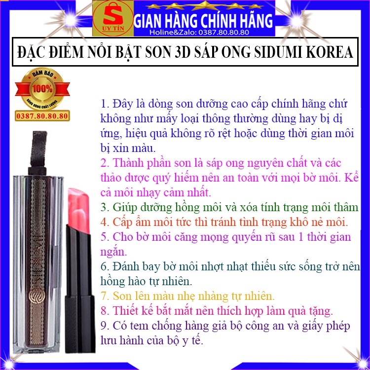 Son dưỡng môi có màu nhẹ 3D sáp mật ong cao cấp chính hãng Sidumi hàn quốc chống nắng dưỡng hồng xóa thâm môi cho nữ nam