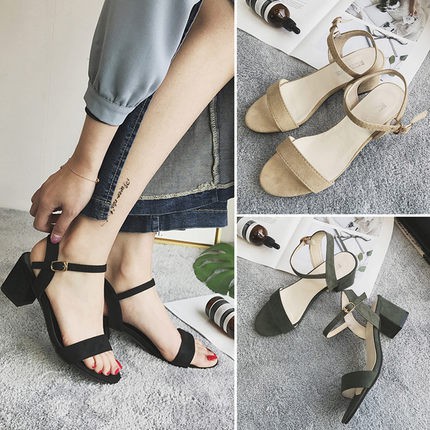 Sandal da lộn đế vuông 3 màu tôn da [Ảnh Thật]